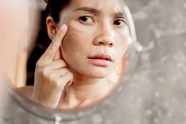 photo of woman looking in mirror